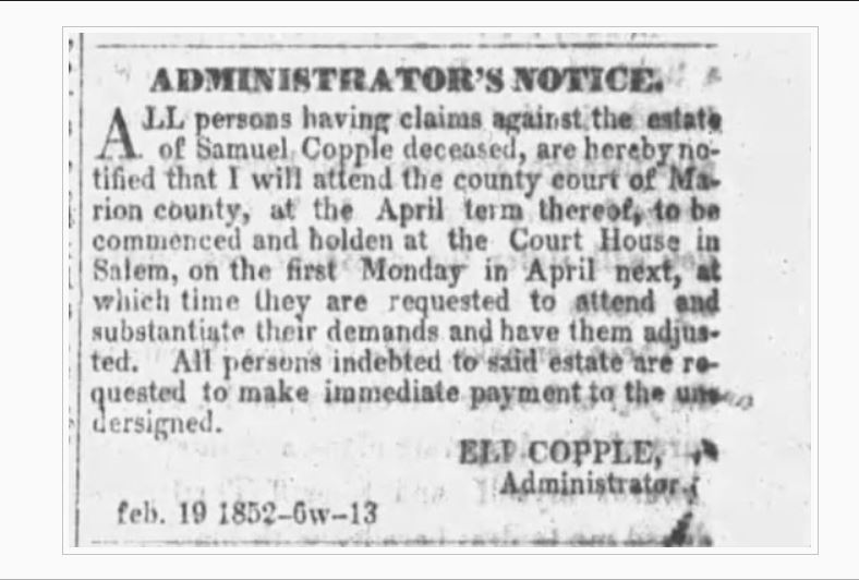 Samuel Copple Estate Administered